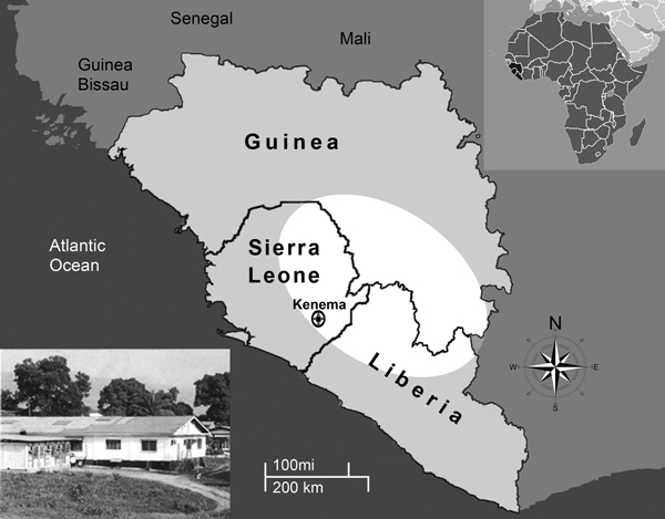 Lassa fever–hyperendemic region (white area) comprising Guinea, Sierra Leone, and Liberia in West Africa. Insert, upper right: Africa, with West African countries highlighted; lower left: Lassa Diagnostic Laboratory, Kenema Government Hospital, Kenema, Sierra Leone.