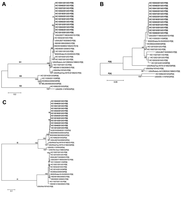 Maximum-likelihood phylograms of the viral protein (VP) 7 (877 bp) (A), VP4 (656 bp) (B), and VP6 (1,132 bp) (C) regions of rotavirus A strains detected during outbreaks in Osaka City, Japan, 2009–2013. The strain names are associated with outbreak numbers listed in Table 1. Boldface font indicates G1-P[8]-I2 strains. On the basis of Akaike information criteria, with a correction for finite sample sizes, general time reversible plus gamma (+G) plus invariable sites (+I), Tamura 3-parameter +G, a