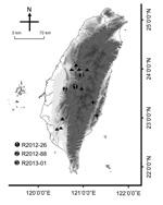 Thumbnail of Collection sites of rabies-positive Taiwan ferret badgers (TWFB), Taiwan. Solid circles marked with 1–3 represent the collection sites of the first 3 rabies-positive animals. Triangles represent the collection sites of other rabies virus (RABV) sequences included in this study. Crosses represent the most diverged lineages of rabies virus from Taiwan ferret badgers (TWFB, TW1614, and TW1955), shown in Figure 5, panel B, Appendix, and the easternmost cross represents the isolate from 