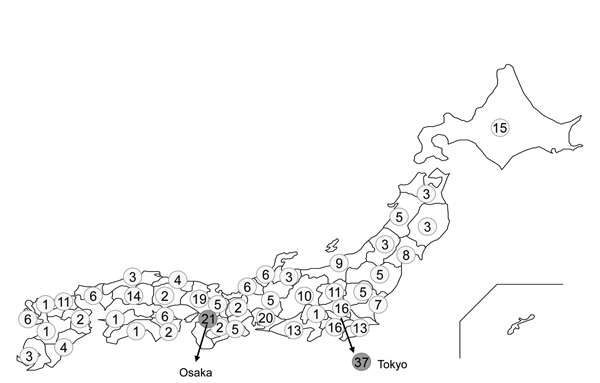 Distribution of general hospitals participating in surveillance for invasive pneumococcal disease, Japan, April 2010–March 2013. Numbers in light gray circles show the number of the hospitals in each prefecture. Numbers in dark gray circles show the number of hospitals in Tokyo and Osaka.