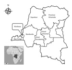 Thumbnail of Sample collection sites (circled) in the Democratic Republic of the Congo, 2007–2011.