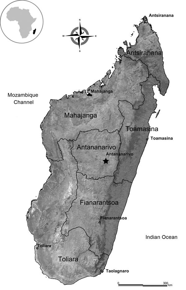 Map of Madagascar. Inset: Africa showing location of Madagascar.