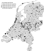 Thumbnail of Locations of ticks collected through the website http://www.tekenradar.nl in the Netherlands during summer 2012,. Ticks included in the study were submitted from all parts of the country; ticks positive for Borrelia miyamotoi and B. burgdorferi were found in almost every region.