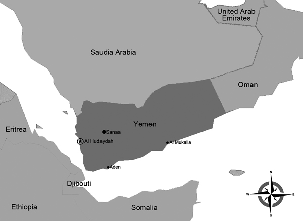 Location of Al Hudaydah, Yemen, where the co-circulation of dengue virus, chikungunya virus, and other dengue-like viruses was studied in 2012. Other important towns, Sanaa, Aden, and Al Mukalla (the capital of Hadramout governorate), are also shown.
