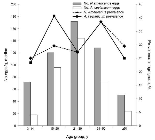 Prevalence and intensity (eggs per gram) of Necator americanus and Ancylostoma ceylanicum hookworm infections in humans of different ages in rural Dong village, Rovieng District, Preah Vihear Province, Cambodia, 2012.