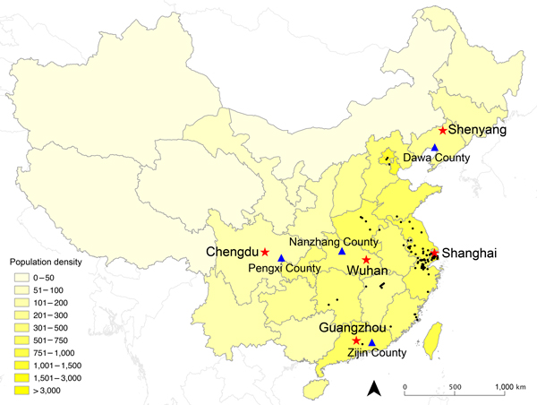 Geographic distribution of urban locations (red stars) and rural locations (blue triangles) selected for population survey to determine human exposure to live poultry and attitudes and behavior toward influenza A(H7N9) in China, 2013. Black dots indicate geographic locations of laboratory-confirmed cases of H7N9 through October 31, 2013. Shading indicates population density (persons per square kilometer). The 5 selected urban locations were Chengdu, capital of Sichuan Province in western China, 