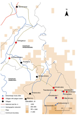 Thumbnail of Location of pneumonic plague outbreak in the communes of Ambarakaraka and Anaborano, northern Madagascar, 2011. A copper mine is located in Beramanja. The index case-patient was infected with Yersinia pestis on the 80-km road to Ankatakata. Piste, trail.