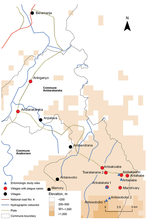 Location of pneumonic plague outbreak in the communes of Ambarakaraka and Anaborano, northern Madagascar, 2011. A copper mine is located in Beramanja. The index case-patient was infected with Yersinia pestis on the 80-km road to Ankatakata. Piste, trail.