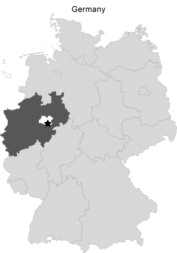 Area of Germany where hares were hunted on November 2, 2012. Rüthen-Meiste (black star; latitude: 51.512890, longitude: 8.487493, altitude: 380 m), Soest district (white) of the federal state of North Rhine-Westphalia (dark gray).