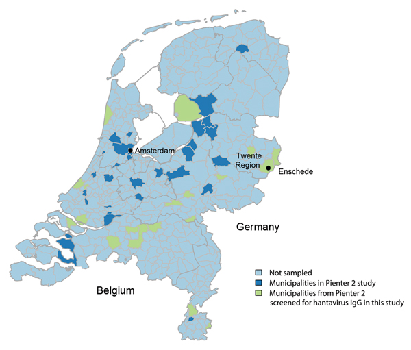 Municipalities sampled in the Pienter 2 study and subset of municipalities included in the seroprevalence study of hantavirus infections, the Netherlands.