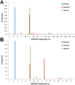 Thumbnail of Proportion of microsatellite haplotypes linked to SGEAA and SGEGA, eastern Africa. Microsatellite haplotypes associated with the Pfdhps double-mutant allele SGEAA (A) and Pfdhps triple-mutant allele SGEGA (B) in Ethiopia, Tanzania, and Uganda. Haplotype numbering (x-axis) refers to a unique combination of microsatellite allele sizes at the 3 loci linked to dhps (specific microsatellite allele combinations are listed in the Technical Appendix Table, Proportion (y-axis) is the number 