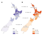 Thumbnail of Average annual ASR (no. cases/100,000 population) of staphylococcal sepsis (A) and staphylococcal skin and soft tissue infections (B), New Zealand, 2000–2011. ASR, age-standardized rate.