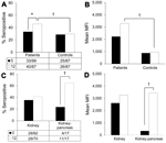 Thumbnail of Human polyomavirus 9 (HPyV9) seropositivity and seroreactivity in samples from transplant patients and healthy blood donor controls collected 1 year apart, the Netherlands. Black bars, baseline samples; white bars, follow-up samples (Table 2). Values below bars indicate no. persons positive/total no. tested. A) Seropositivity percentages for transplant patients and controls; B) seroreactivity levels for transplant patients and controls; C) seropositivity percentages for kidney trans