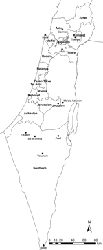 Thumbnail of Selected localities (black dots) where cases of cutaneous leishmaniasis were reported in Israel during 2001–2012. Health districts are labeled in boldface.