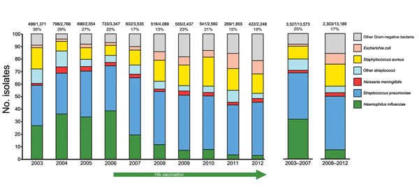 Proportional decrease in Haemophilus influenzae isolates starting in 2007 shows the effect of Hib vaccination launched in June 2006. Numbers above the bars indicate no. positive samples/no. cultured cultured samples (%) for all empyema and meningitis cases combined. Hib, H. influenzae type b.