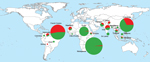 Thumbnail of Geographic distribution of Plasmodium vivax isolates with 1 mdr-1 copy (green) and isolates with &gt;1 mdr-1 copies (red) in 607 samples collected in South America, Asia, and Africa during 1997–2010. 