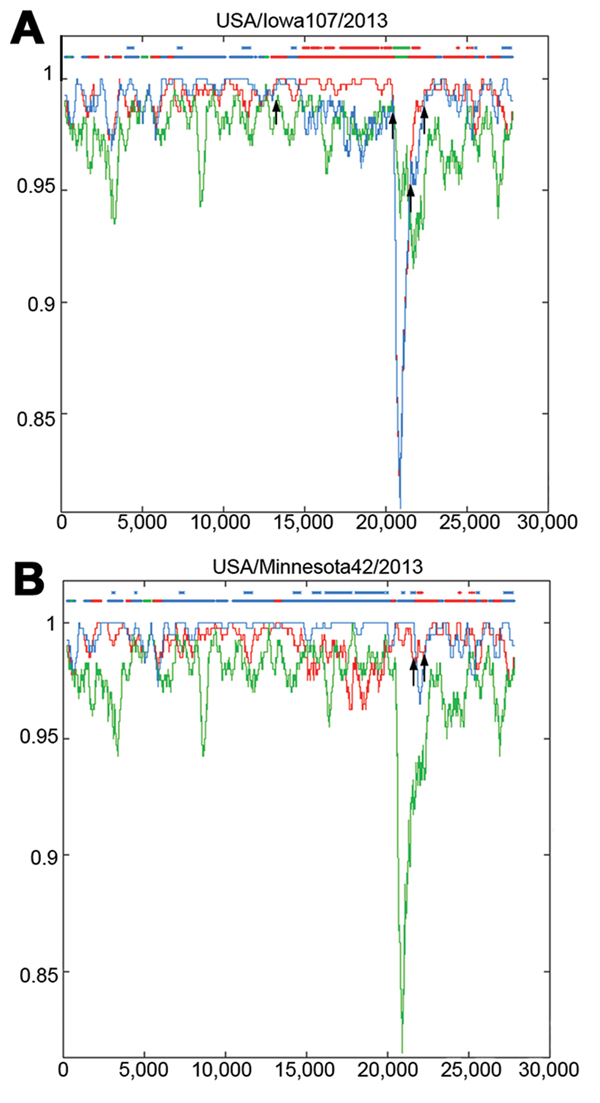 Identification of US porcine epidemic diarrhea virus (PEDV) strains with insertions and deletions in the spike gene as potential recombinant strains. At each position of the window, the query sequence USA/Iowa107/2013 (A) or USA/Minnesota42/2013 (B) was compared with background sequences for 3 strains from China (CH/ZMZDY/11, CH/s, and AH2012). The x-axis represents the length of the PEDV genome, and the y-axis represents the similarity value. The red line represents PEDV strain CH/ZMDZY/11, the