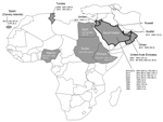 Thumbnail of Geographic distribution of serologic evidence for Middle East respiratory syndrome coronavirus (MERS-CoV) or MERS-like CoV circulation in dromedaries in Africa and the Arabian Peninsula. Gray shading indicates countries with seropositive dromedaries; solid black outline indicates countries with primary human cases; dotted outline indicates countries with secondary human cases. For each country with affected dromedaries, the year of sampling, % seropositive, total number tested, and 