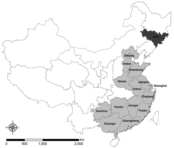 Provinces in China in which human cases of infection with influenza A(H7N9) virus have been confirmed (gray shading). Jilin Province (dark shading), where the case described in this article occurred, shares borders with the Russian Federation and the Democratic People’s Republic of Korea (North Korea).