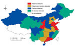 Thumbnail of Distribution of Neisseria meningitidis sequence type 4821 clonal complex (CC4821) serogroup B strains in China, 1978–2013. Invasive strains were detected in 5 provinces (red), carriage strains were detected in 9 provinces (blue), and invasive and carriage strains were detected in 5 provinces (gold). Regions where CC4821 strains were not found or where surveillance is not conducted are also shown.