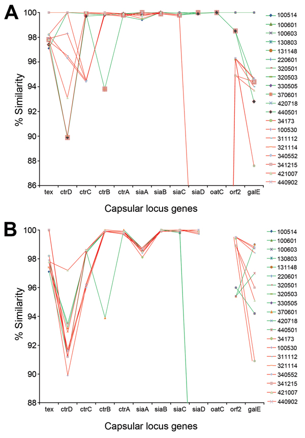 Analysis of capsular locus sequences from Neisseria meningitidis strains belonging to the sequence type 4821 clonal complex (indicated on right). A) Similarity between the capsular locus genes of study strains and those from reference strain 053442 (serogroup C). B) Similarity between the capsular locus genes of study strains and those from reference strain H44-76 (serogroup B). Green lines indicate serogroup C strains; red lines indicate serogroup B strains.