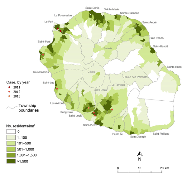 Locations of murine typhus cases, Reunion, France, January 2011–January 2013.