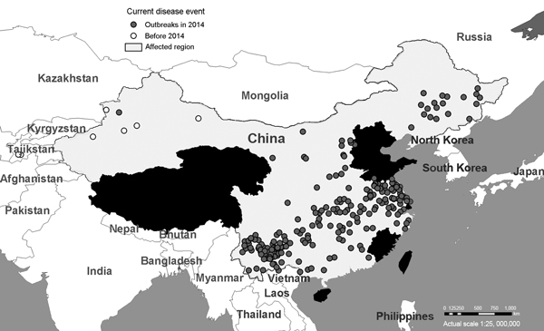 Outbreaks of peste des petits ruminants virus (PPRV) across China during December 2013–May 2014. Data are from ProMed alerts during the period described (10).