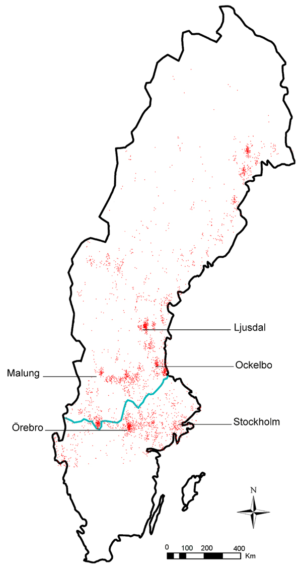 Distribution of 3,524 tularemia cases, Sweden, 1984−2012. Red dots indicate locations of reported cases; blue line indicates border between northern and southern Sweden, as defined by the southern border of the boreal forest. The municipalities with the highest tularemia incidence (Ljusdal, Malung, Ockelbo), and most outbreaks (Örebro) are indicated, as is the capital city of Stockholm.