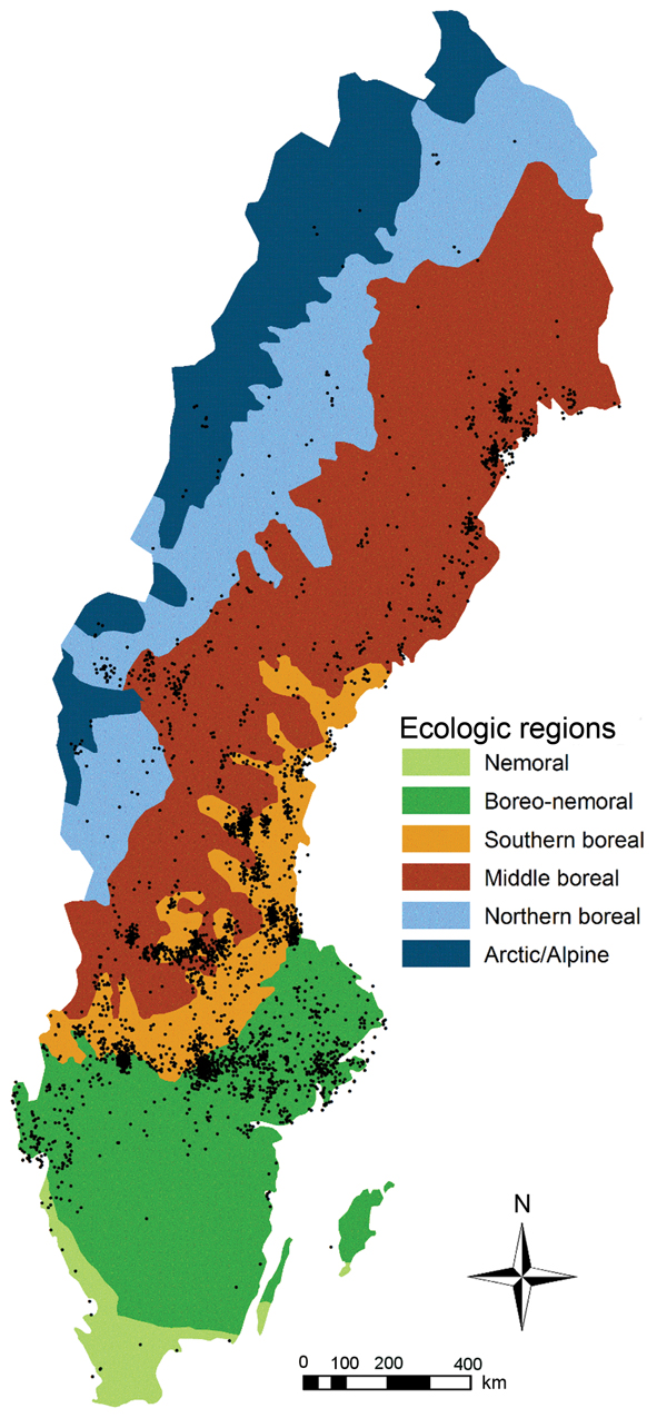 Distribution of tularemia cases by ecologic region, Sweden, 1984−2012. Black dots indicate locations of reported cases. Region designations adopted from (24).