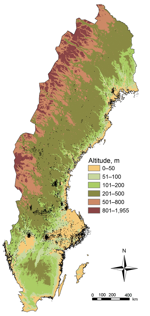 Distribution of tularemia cases by altitude, Sweden, 1984−2012. Black dots indicate locations of reported cases.