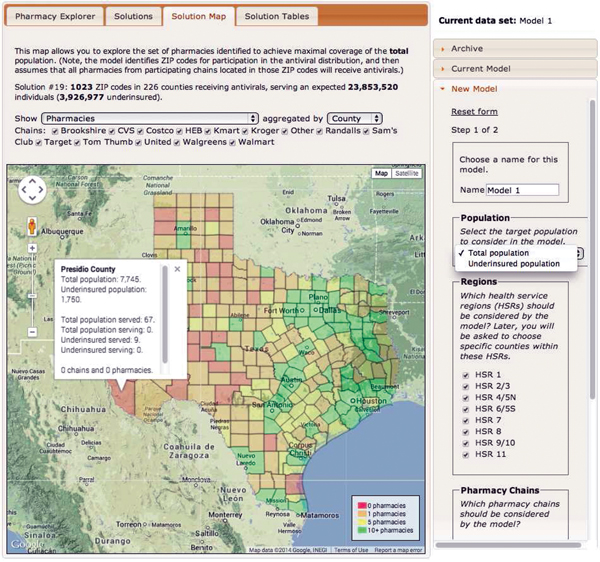 Screenshot of the antiviral drug distribution decision support tool used during the 2009 influenza pandemic (28), Texas, USA. ZIP codes, US postal codes.