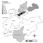 Thumbnail of Study area in the Alpine region showing the 22 sampling areas and the estimated prevalences of Mycobacteria caprae. Prevalence ranges are classified into 6 intervals, wherein the upper bounds are not included in the interval. Austria: Vorarlberg (V1–V5) and Tyrolean Lech valley: Lechtal I (L1), Lechtal Mitte (LM), Lechtal II (L2), Schwarzwasser (SW),and Tannheimertal (TH). Germany: Bavaria (Region 1 and Region 2). Switzerland: St. Gall, Grisons, Tessin, and Liechtenstein. Italy: Var