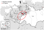 Thumbnail of Statistically evident spatial cluster of Mycobacterium caprae–positive red deer in the Alpine region, 2009-10, 2010-2011, and 2011-12 hunting seasons. Area in red circle contained significantly more M. caprae–positive red deer than the remaining study area (p&lt;0.001). Inset shows location of Austria and Germany within Europe (shading).