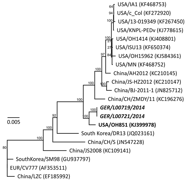 Phylogenetic analysis based on 21 full-length porcine epidemic diarrhea virus (PEDV) genomes. The new strains from Germany (PEDV/GER/L00719/2014 and PEDV/GER/L00721/2014, in boldface and italics) and the new 2014 PEDV variant from the United States (OH851, in boldface) were included and compared with current circulating strains from the United States and China. The tree was constructed by using PhyML (11). Numbers above branches indicate proportions calculated from 1,000 bootstrap replicates: Th
