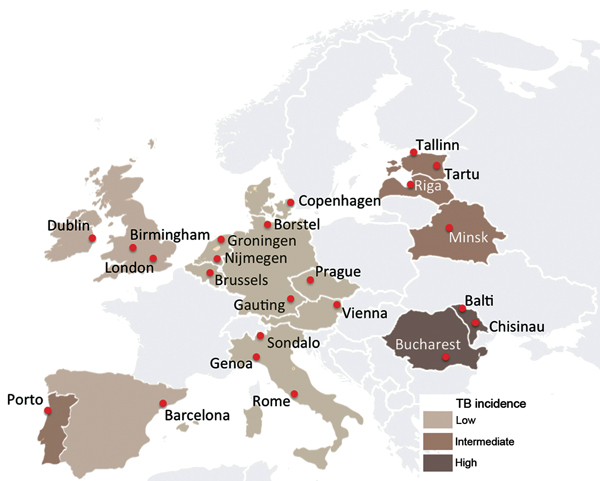 TBNET study sites in the Pan European network for study and clinical management of drug- resistant tuberculosis (TBPAN-NET) project. Stratification is based on the incidence of tuberculosis (TB) reported during 2010–2011, which matched the inclusion period of the study. Data for 2011 were obtained from the European Centre for Disease Control and Prevention (10). Low TB incidence, &lt;20 cases/100,000 persons; intermediate TB incidence, 20–100 cases/100,000 persons; high TB incidence, &gt;100 cas