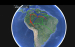 Thumbnail of Overview, without highest posterior density polygons, of the predicted spread of Guaroa virus and Wyeomyia and Anhembi lineage viruses over time in South America.
