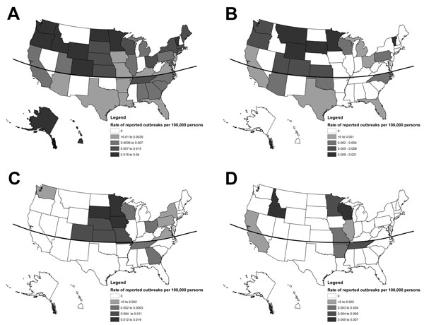 Single-state Escherichia coli O157 outbreaks (n = 346) by state and transmission mode, United States, 2003–2012. A) Foodborne transmission (n = 211); B) animal contact transmission (n = 39); C) person-to-person transmission (n = 39); D) waterborne transmission (n = 15). Curved line denotes 37°N latitude.