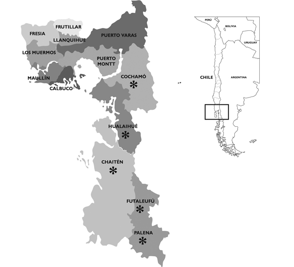 The 13 communes in the provinces of Llanquihue and Palena, southern Chile. (Two communes share the name of the province to which they belong.) Asterisk indicates Andean communes. Inset: South America, with study area in box.