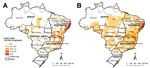 Thumbnail of Spatial distribution of average annual crude (A) and Bayesian-smoothed (B) rates of schistosomiasis-related deaths, by municipality of residence, Brazil, 2000–2011. Empirical Bayesian smoothing estimates of rates of schistosomiasis-related deaths were performed by using TerraView software version 4.2 (Instituto Nacional de Pesquisas Espaciais, São Paulo, Brazil). Data were mapped by using ArcGIS software version 9.3 (Esri, Redlands, CA, USA). In 2010, Brazil was divided into 5 geogr