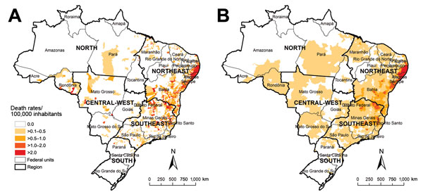 Spatial distribution of average annual crude (A) and Bayesian-smoothed (B) rates of schistosomiasis-related deaths, by municipality of residence, Brazil, 2000–2011. Empirical Bayesian smoothing estimates of rates of schistosomiasis-related deaths were performed by using TerraView software version 4.2 (Instituto Nacional de Pesquisas Espaciais, São Paulo, Brazil). Data were mapped by using ArcGIS software version 9.3 (Esri, Redlands, CA, USA). In 2010, Brazil was divided into 5 geographic regions