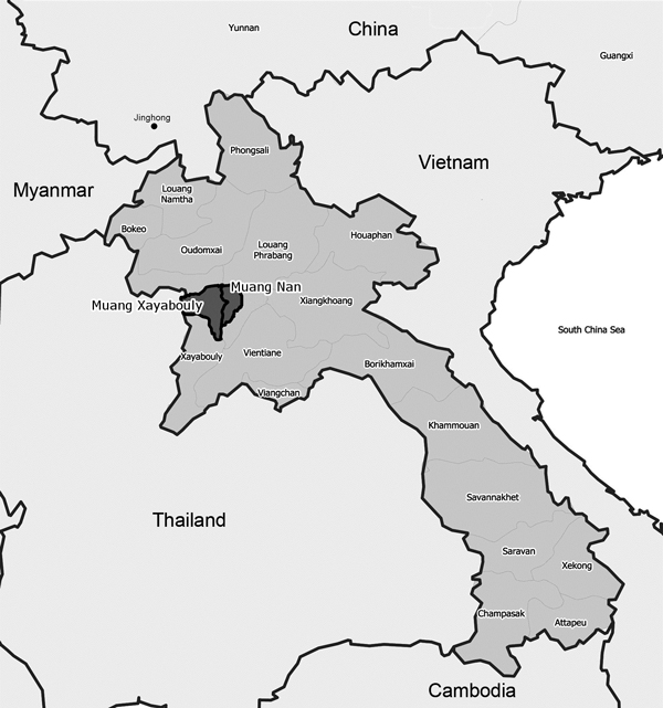 Locations of cases of highly pathogenic avian influenza in poultry caused by influenza A(H5N6) virus in Laos, March 2014. Dark gray shading indicates the 2 districts (Muang Nan [M.Nan] and Muang Xayabouly [M.Xayabouly]) situated at the boundaries of Luang Prabang and Xayabouly Provinces, where villages with infected poultry were located. Affected birds were associated with regular consignments of mixed poultry transported from Jinghong and elsewhere in Yunnan Province, China.