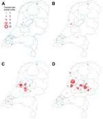 Thumbnail of Spread of methicillin-resistant Staphylococcus aureus spa t1081 in the Netherlands, 2007–2013. A) 2007; B) 2009; C) 2011; D) 2013. Data were obtained from http://www.rivm.nl/mrsa. A color version of this figure is available online (http://wwwnc.cdc.gov/EID/article/21/6/14-1597-F1.htm).