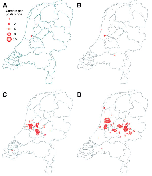 Spread of methicillin-resistant Staphylococcus aureus spa t1081 in the Netherlands, 2007–2013. A) 2007; B) 2009; C) 2011; D) 2013. Data were obtained from http://www.rivm.nl/mrsa. A color version of this figure is available online (http://wwwnc.cdc.gov/EID/article/21/6/14-1597-F1.htm).