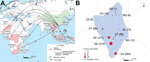 Thumbnail of Geographic origin of gold miners returning from oversea (Ghana) and distribution of detected malaria infections, Shanglin County, China, May 1–August 31, 2013. A) Geographic origin of screened miners and persons with malaria. B) Residence of miners who had malaria. DF, Da Feng; ML, Ming Liang; XX, Xiang Xian; CT, Cheng Tai; BX, Bai Xu; SL, San Li; QX, Qiao Xian; MS, Mu Shan; TH, Tang Hong; XY, Xi Yan; ZX-Zhen Xu.