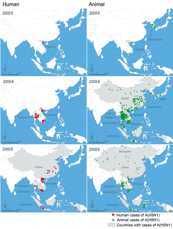 Initial 2-year spread of human cases and poultry outbreaks of influenza A(H5N1) in China and Southeast Asia, December 2003–2005. Data on A(H5N1) in humans were obtained from the World Health Organization (http://www.who.int/influenza/human_animal_interface/en/). Data on outbreaks of A(H5N1) in poultry were obtained from the World Organisation for Animal Health (outbreaks before 2005 from http://www.oie.int/en/animal-health-in-the-world/the-world-animal-health-information-system/data-before-2005-