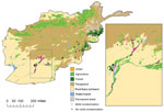 Thumbnail of Geographic features of southern and eastern Afghanistan study zones, 2009–2011. Inset shows detail view of southern Afghanistan region where most cases originated. Because injuries frequently occurred in close proximity, some points overlay other points. The mold contamination points are on top.
