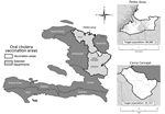 Thumbnail of Areas selected for the first government-implemented oral cholera vaccination campaign in Haiti, 2013. Data source: Haiti Ministry of Health and Population, Centre National de l’Information Géo-Spatiale, and Institut Haïtien de Statistique et d’Informatique, OpenStreetMap.