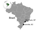 Thumbnail of Cities where retinochoroidal scars consistent with Toxoplasma gondii infection were found on eyes donated to eye banks in Brazil during 1985 and 2009: São Paulo, São Paulo State, and its relative position in southern Brazil to Joinville, Santa Catarina State; 522 km separates the 2 cities. 