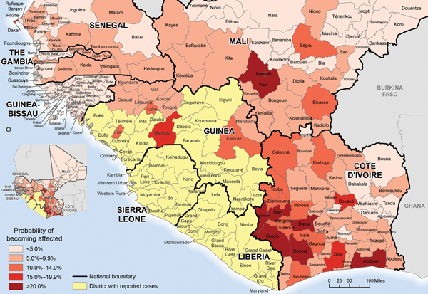 Predicted risk of districts becoming affected by Ebola virus infection (neighboring countries included) in 2014, based on data available through epidemiological week 42 (October 18, 2014).