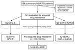 Thumbnail of Cohort diagram of patients with multidrug-resistant tuberculosis (MDR TB) depicting rates of acquired drug resistance, Georgia, March 2009–October 2012. XDR TB, extensively drug-resistant tuberculosis; OFL, ofloxacin; S, susceptible; CAP, capreomycin; KAN, kanamycin; R, resistant.